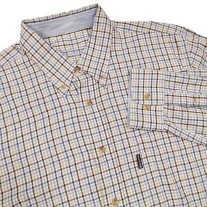 BARBOUR Men's L Tan Blue Tattersall Plaid Long Sleeve Button Down Dress Shirt